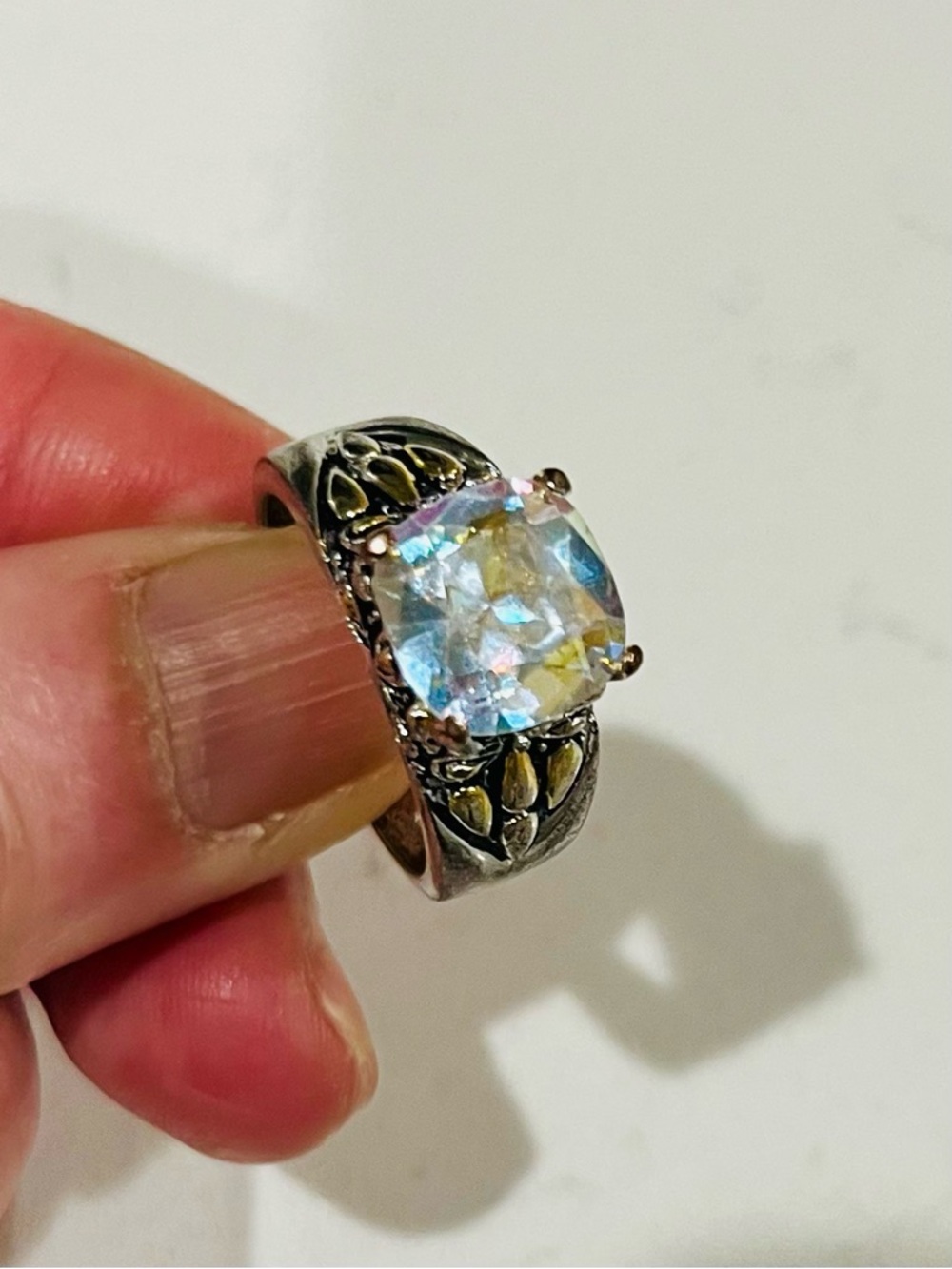 Vintage Two Tone Ring AB Crystal Cushion Stone Size 8.25 - Picture 8 of 12